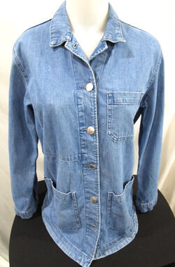 & DENIM Blue Jean Oversize Button Up Chore, Work, Barn Jacket Women Sz S